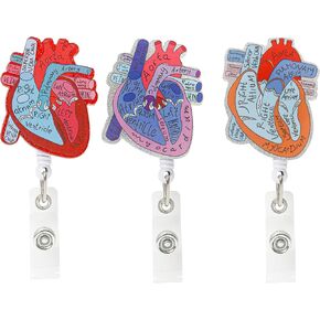 3PCS Cardiac Heart Badge Reel Holder, Cute Phlebotomy Retractable Clip Accessories for ID Card Name Tag Anatomy Surgery Nursing Assistant Student Nurse Medical Health Doctor Hospital CNA RN MA ICU LPN