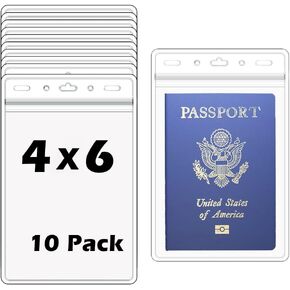 10 Pack -Extra Large 4 3/8 X 6 Passport& Badge Holder - Heavy Duty Clear Plastic 4 X 6 Card Insert Protector for Sports Tickets, Press Passes and Name Badges by WINURE