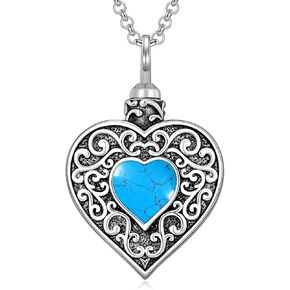 Heart Urn Necklace for Ashes 925 Sterling Silver Moss Agate/Moonstone/Turquoise Pendant Cremation Keepsake Jewelry Memorial Gifts for Women Men Girls