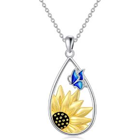 Sunflower Teardrop Necklace with Blue Butterfly Sterling Silver Sunflower Necklace for Women Teen Girls