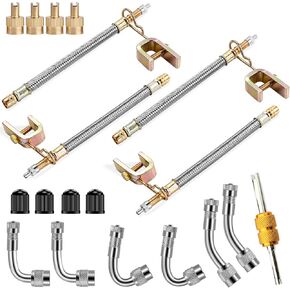 Valve Stem Extenders,4Pcs 7Inch and 12 Inch Dual Flexible Stainless Steel Braided Valve Stem Extensions,6Pieces 45 90 135 Degree Brass Valve Adaptors for Car Truck Motorhome Trailer RV Trucks