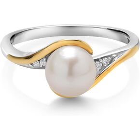 Gem Stone King 925 Sterling Silver and 10K Yellow Gold Cultured Freshwater Pearl and White Lab Grown Diamond Ring For Women (Pearl: 7-7.5MM, Available in Size 5,6,7,8,9)