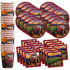 Red Tractor Birthday Party Supplies Set - Farm Party Supplies - Farmer Party Supplies - Big Tractor Party Supplies - Birthday Party for Boy | Tableware Includes Plates, Napkins and Cups | Kit for 16