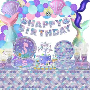 235Pcs Mermaid Birthday Decorations - Mermaid Balloons, Mermaid Party Plates, Birthday Banner, Cups, Mermaid Scale Tablecloth, Cake Toppers for Girl Kids Little Mermaid Ocean Birthday Party Supplies