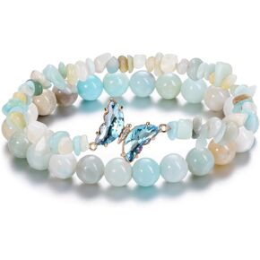 CrystalTears Crystal Bracelets for Women 2pcs Natural Healing Gemstone Beaded Bracelet Butterfly Charms Stone Layered Bracelet Gifts Women