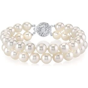 The Pearl Source Sterling Silver AAAA Quality Round White Freshwater Cultured Pearl Double Strand Bracelet for Women