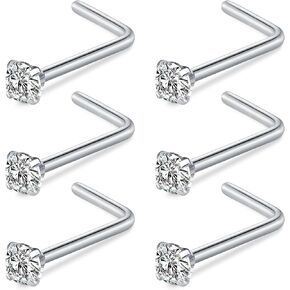 Briana Williams Nose Studs L Shaped Nose Rings Studs for Women Surgical Stainless Steel 18g 20g 1.5mm 2.0mm 2.5mm 3.0mm Clear Round CZ L Shape Nostril Piercing Jewelry Gold Silver