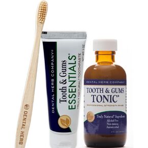 Dental Herb Company - Tonic Mouthwash and Essentials Toothpaste Travel Kit - Made with Pure Essential Oils to Relieve Bad Breath, Bleeding, and Irritated Gums. 2 oz. Mouthrinse - 1 oz. Toothpaste