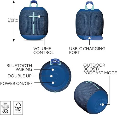مكبر صوت بلوتوث Ultimate Ears WONDERBOOM 4 محمول مقاوم للماء مع صوت جهير كبير وصوت 360 درجة، مكبر صوت عائم مقاوم للغبار بمدى 131 قدمًا (40 مترًا) - أسود in Kuwait