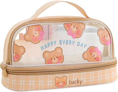 Large Kawaii Pencil Pouch with Strap Double Layer Pencil Pouch Clear Waterproof Cute Preppy Pencil Case Pen Bags Holder Storage and Organizer (Pink Bunnys) in Saudi Arabia