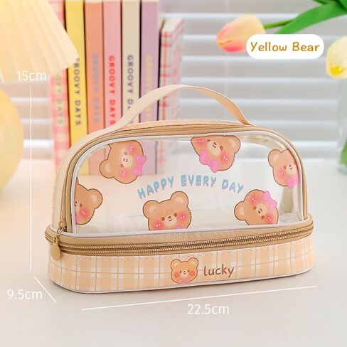 Large Kawaii Pencil Pouch with Strap Double Layer Pencil Pouch Clear Waterproof Cute Preppy Pencil Case Pen Bags Holder Storage and Organizer (Pink Bunnys) in Saudi Arabia