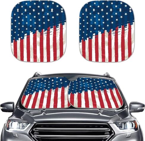 HUGS IDEA 2 Piece Car Sun Shade Winshield Sunshade Universal Fit 2 Packs, Vintage American USA Flag Block Sun Glare UV and Heat Protect Car Interior Accessories in Saudi Arabia