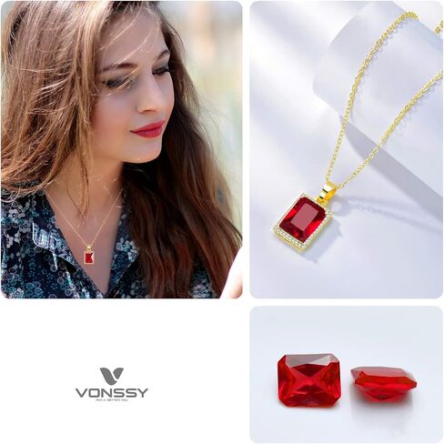 VONSSY Rectangle Gemstone Pendant Necklace | Ruby Crystal & Created-Emerald Birthstone Necklace | 18K Platinum Gold Plated Chain | Meaningful Jewelry Gift for Mother Daughter Girlfriend in Saudi Arabia