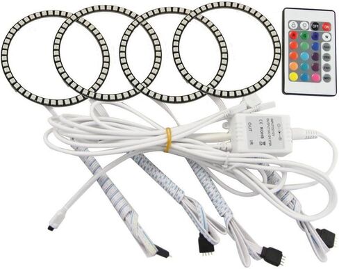 QiuKo 4pcs 60mm RGB Halo Rings Headlight Car Angel Eyes Motorcycle with 24 Keys Controller in Saudi Arabia