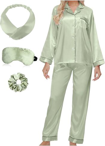 4 Pcs Women's Silky Satin Pajama Set Sleepwear Button Down Loungewear Pjs Set with Eye Mask Hair Band Hair Tie in Saudi Arabia