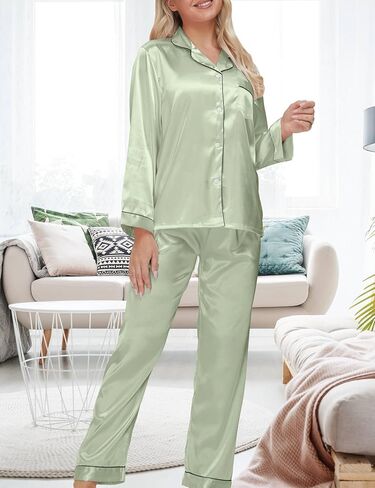 4 Pcs Women's Silky Satin Pajama Set Sleepwear Button Down Loungewear Pjs Set with Eye Mask Hair Band Hair Tie in Saudi Arabia
