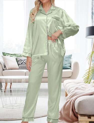 4 Pcs Women's Silky Satin Pajama Set Sleepwear Button Down Loungewear Pjs Set with Eye Mask Hair Band Hair Tie in Saudi Arabia