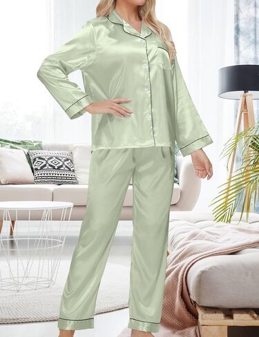 4 Pcs Women's Silky Satin Pajama Set Sleepwear Button Down Loungewear Pjs Set with Eye Mask Hair Band Hair Tie in Saudi Arabia