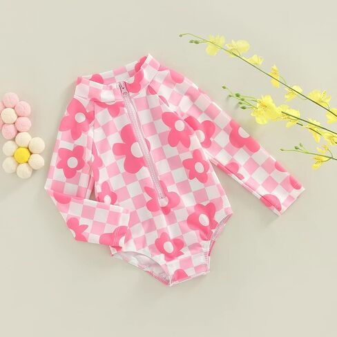Baby Girl Swimsuit Zip Rash Guard Ruffled Long Sleeve One Piece Swimwear Toddler Bathing Suit Rashguard Beach Wear in Kuwait