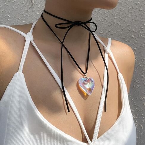 Chunky Puffy Heart Choker Necklace Big Glass Heart Pendant Necklace Adjustable Gothic Braided Black Velvet Chain for Women Y2K Jewelry in Saudi Arabia