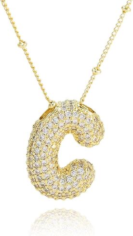 A1-A Bubble Letter Necklace Sparkling Crystal Cubic Zirconia- A-Z, Fluffy Name, Personalized Script Initial Necklace, Balloon Initial Necklace for Women, 18K Gold-Plated Brass Material. in Saudi Arabia