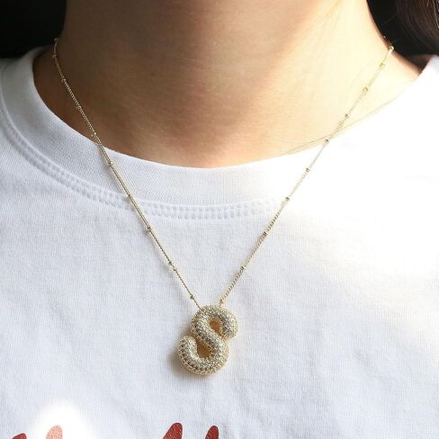 A1-A Bubble Letter Necklace Sparkling Crystal Cubic Zirconia- A-Z, Fluffy Name, Personalized Script Initial Necklace, Balloon Initial Necklace for Women, 18K Gold-Plated Brass Material. in Saudi Arabia
