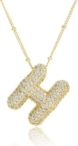 A1-A Bubble Letter Necklace Sparkling Crystal Cubic Zirconia- A-Z, Fluffy Name, Personalized Script Initial Necklace, Balloon Initial Necklace for Women, 18K Gold-Plated Brass Material. in Saudi Arabia