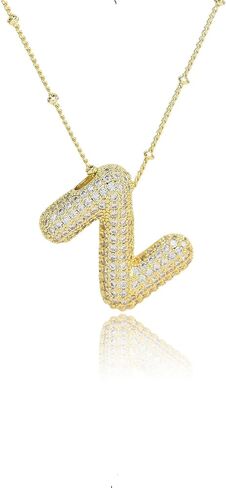 A1-A Bubble Letter Necklace Sparkling Crystal Cubic Zirconia- A-Z, Fluffy Name, Personalized Script Initial Necklace, Balloon Initial Necklace for Women, 18K Gold-Plated Brass Material. in Saudi Arabia