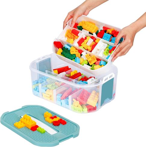 Storage Organizer for Lego Plastic Kids Toy Container Box Stackable Building Block Playroom Organization Bin with Bricks Baseplate Lid 3 Layers Adjustable Compartments Portable Chest Case in Saudi Arabia