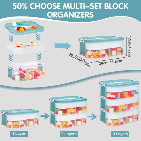 Storage Organizer for Lego Plastic Kids Toy Container Box Stackable Building Block Playroom Organization Bin with Bricks Baseplate Lid 3 Layers Adjustable Compartments Portable Chest Case in Saudi Arabia