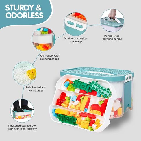 Storage Organizer for Lego Plastic Kids Toy Container Box Stackable Building Block Playroom Organization Bin with Bricks Baseplate Lid 3 Layers Adjustable Compartments Portable Chest Case in Saudi Arabia