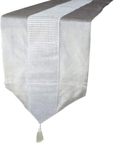 مفارش طاولة زفاف أنيقة مرصعة بأحجار الراين مع شريط ديامانتي وشرابات (13 × 72 بوصة، أسود) in Kuwait