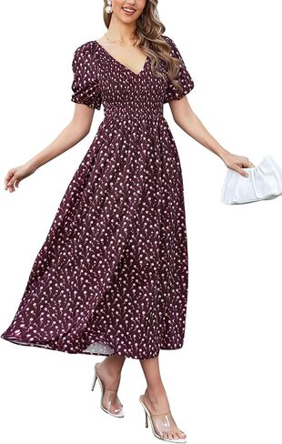 Summer Floral Midi Dress Puff Sleeve Smocked V Neck 2024 Casual Boho Dresses for Women in Saudi Arabia