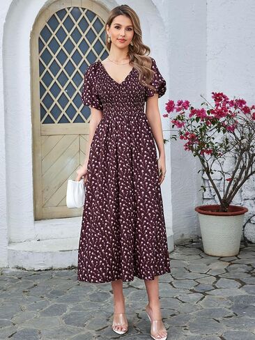 Summer Floral Midi Dress Puff Sleeve Smocked V Neck 2024 Casual Boho Dresses for Women in Saudi Arabia