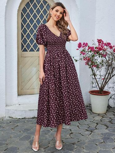 Summer Floral Midi Dress Puff Sleeve Smocked V Neck 2024 Casual Boho Dresses for Women in Saudi Arabia