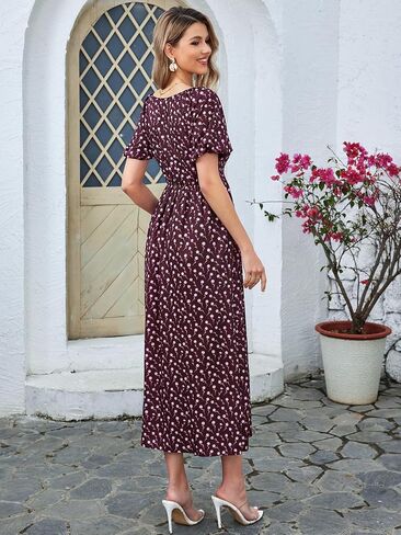 Summer Floral Midi Dress Puff Sleeve Smocked V Neck 2024 Casual Boho Dresses for Women in Saudi Arabia