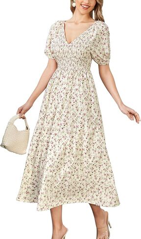 Summer Floral Midi Dress Puff Sleeve Smocked V Neck 2024 Casual Boho Dresses for Women in Saudi Arabia