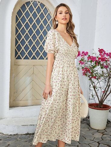 Summer Floral Midi Dress Puff Sleeve Smocked V Neck 2024 Casual Boho Dresses for Women in Saudi Arabia