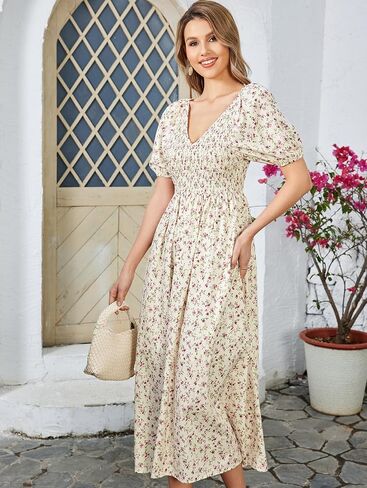 Summer Floral Midi Dress Puff Sleeve Smocked V Neck 2024 Casual Boho Dresses for Women in Saudi Arabia