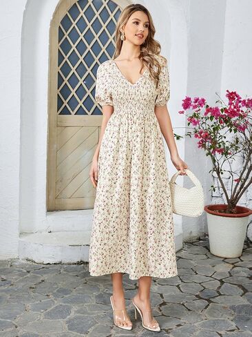 Summer Floral Midi Dress Puff Sleeve Smocked V Neck 2024 Casual Boho Dresses for Women in Saudi Arabia