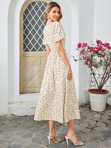 Summer Floral Midi Dress Puff Sleeve Smocked V Neck 2024 Casual Boho Dresses for Women in Saudi Arabia