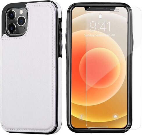 Wallet Case Compatible with iPhone 12 Pro/12,Slim Protective case with Card Holder,Premium PU Leather Kickstand Card Slots Case with 1 Protective Glass for iPhone 12pro/12(6.1") -Black in Saudi Arabia