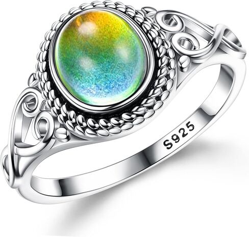 ADRAMATA 925 الفضة الاسترليني خواتم المزاج للنساء خمر اليدوية الفيكتوري خواتم البيضاوي خاتم سوليتير 18K الذهب الأبيض مطلي اللون تغيير المزاج خواتم المرأة مجوهرات in Kuwait