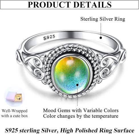 ADRAMATA 925 الفضة الاسترليني خواتم المزاج للنساء خمر اليدوية الفيكتوري خواتم البيضاوي خاتم سوليتير 18K الذهب الأبيض مطلي اللون تغيير المزاج خواتم المرأة مجوهرات in Kuwait