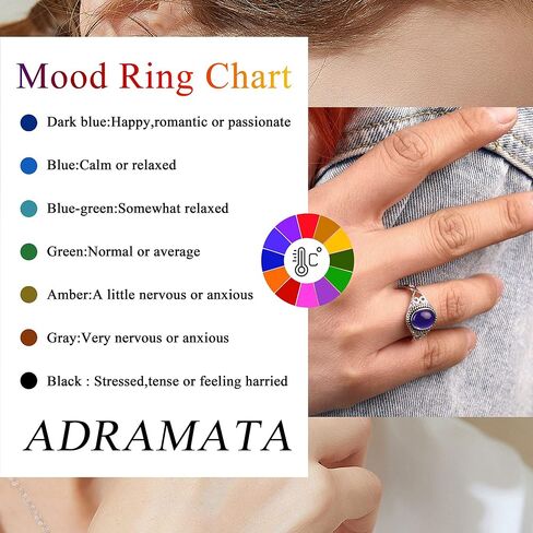 ADRAMATA 925 الفضة الاسترليني خواتم المزاج للنساء خمر اليدوية الفيكتوري خواتم البيضاوي خاتم سوليتير 18K الذهب الأبيض مطلي اللون تغيير المزاج خواتم المرأة مجوهرات in Kuwait