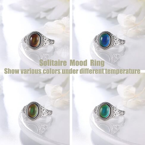 ADRAMATA 925 الفضة الاسترليني خواتم المزاج للنساء خمر اليدوية الفيكتوري خواتم البيضاوي خاتم سوليتير 18K الذهب الأبيض مطلي اللون تغيير المزاج خواتم المرأة مجوهرات in Kuwait