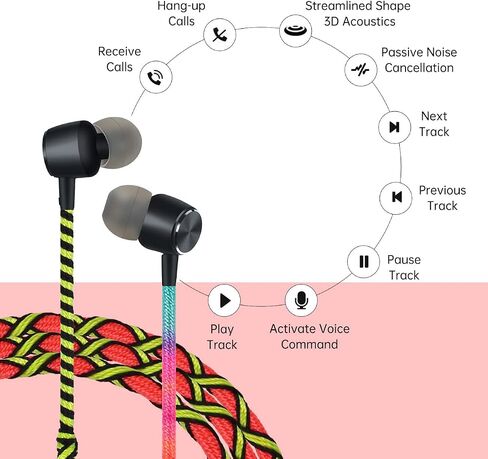 URIZONS Colorful Fun in-Ear wired Earbuds Headphones - with Microphone for iPhone MP3 Laptop Tablets Fabric Braided Headset for Students(7#) in Saudi Arabia