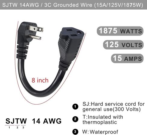 KUNCAN Short Power Extension Cord - Low Profile Wall Head 6 Inch 14AWG/3C SJTW Heavy Duty Extension Cable for Indoor/Outdoor, 90-Degree Flat Plug 15A/125V 1875W NEMA 5-15P to NEMA 5-15R, Black 1-Pack in Kuwait