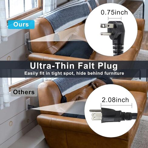 KUNCAN Short Power Extension Cord - Low Profile Wall Head 6 Inch 14AWG/3C SJTW Heavy Duty Extension Cable for Indoor/Outdoor, 90-Degree Flat Plug 15A/125V 1875W NEMA 5-15P to NEMA 5-15R, Black 1-Pack in Kuwait