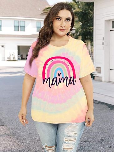Plus Size Mama Shirt Women Cute Mama Rainbow Shirts Funny Mom Life Tshirt Pregnant Mom Tee Tops in Saudi Arabia